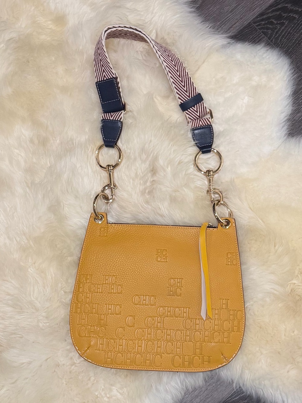 CH Carolina Herrera Yellow Monogram Leather Ring Handle Tote Bag
